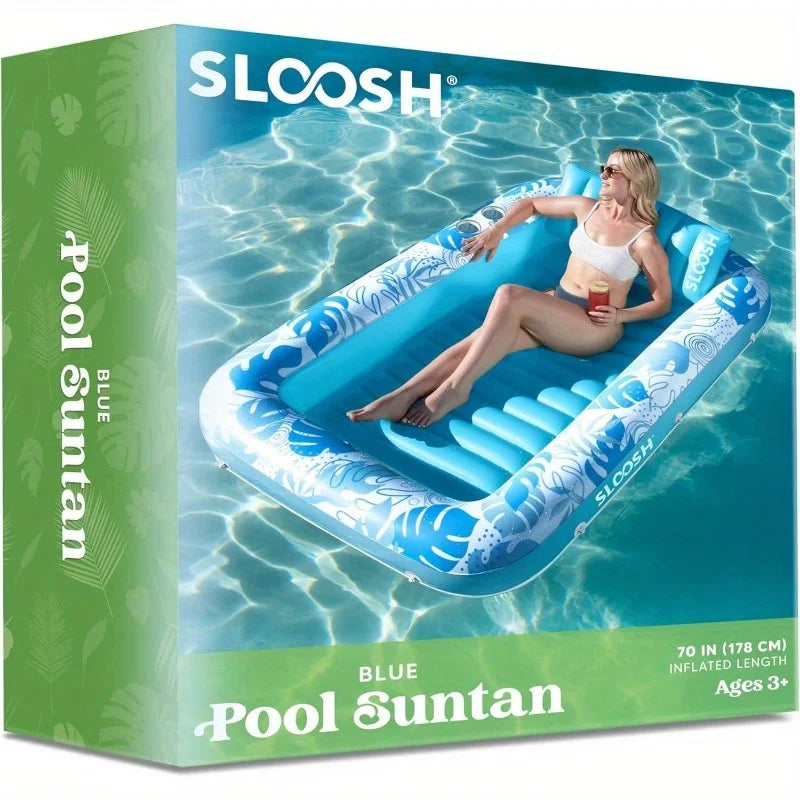 JOYFY 4 in 1 Suntan Tub Raft Floatie Inflatable Tanning Pool 70" x 46" Pool Floats Adult with Pillow for Water Party Gifts