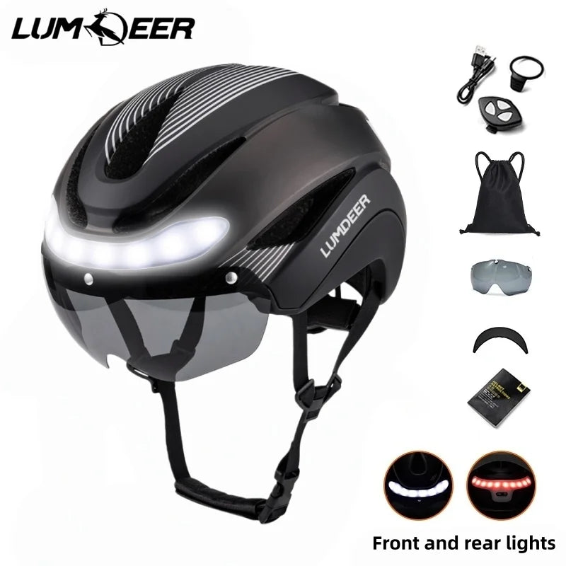 LUMDEER Road Bicycle Turn Signal Helmet With Magnetic Googles & Sun Visor Ride Racing Ultralight Adult Road Bike Front And Rear