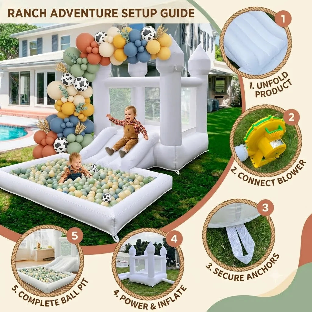 12FT Oxford Inflatable White Bounce House with Slide And Ball Pit Easy Setup Bouncy Castle for Kids Indoor Outdoor Parties Birthday Fun