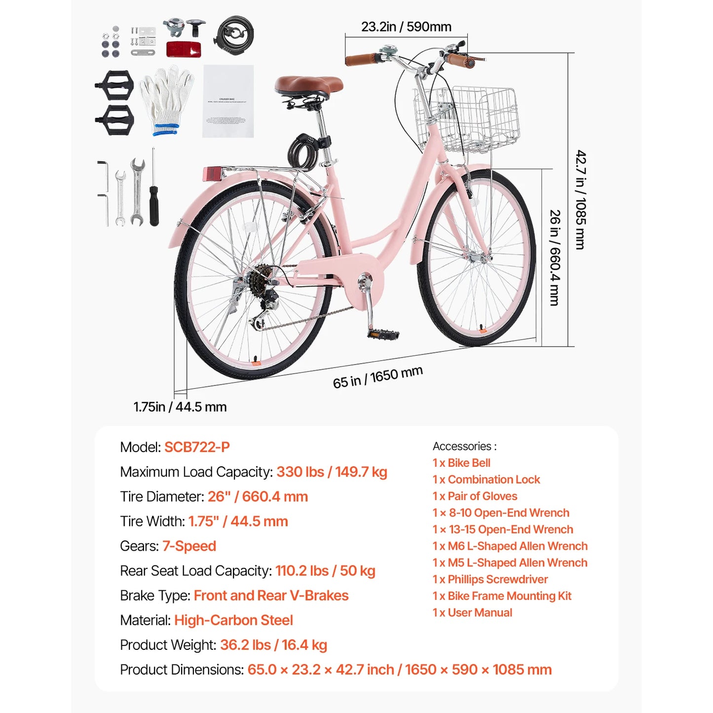 SucceBuy Cruiser Bike 24/26Inch Beach Cruiser Bike with Basket Rear Rack Adjustable Seat, Fits for Cycling, Exercise & Shopping
