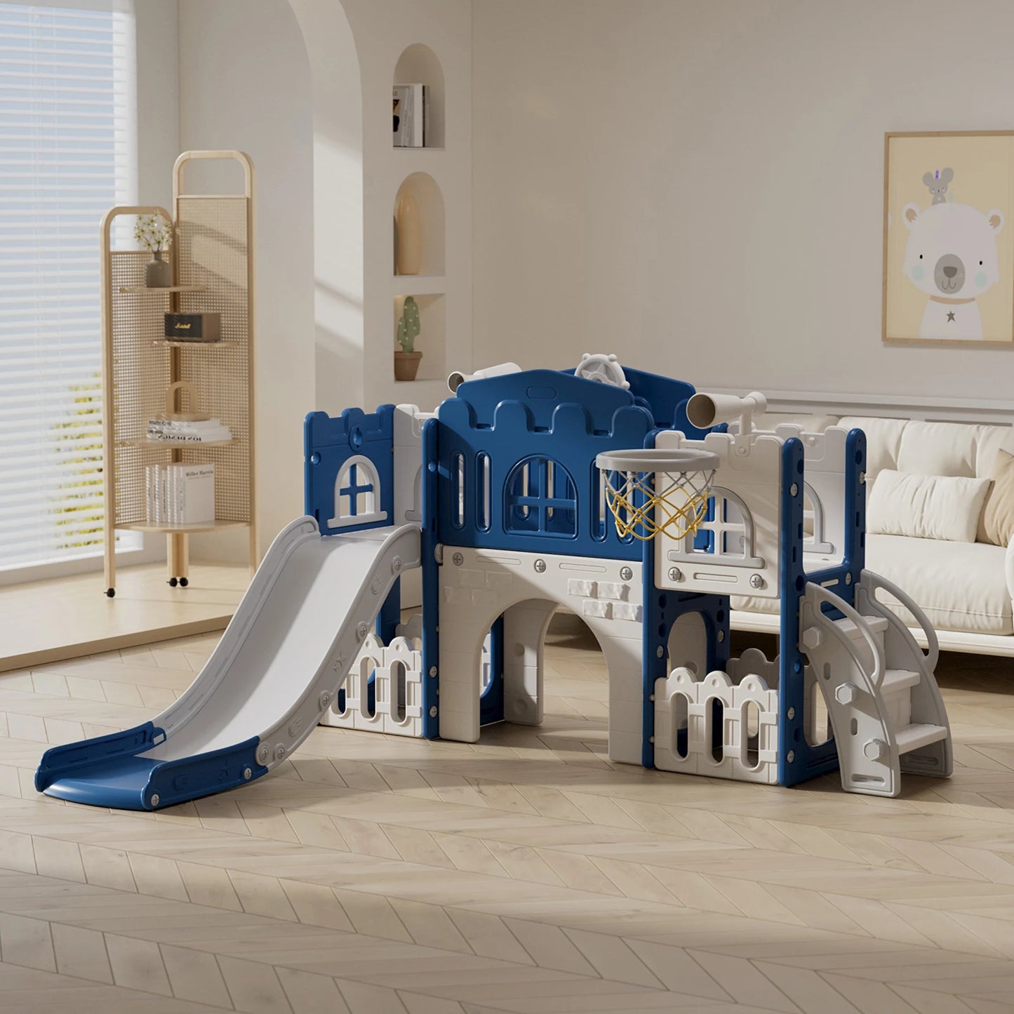 8 in 1 Toddler Slide Indoor Playground, Indoor Slide Toddler Playset for Toddlers Kids Outdoor Playground with Basketball Hoop,