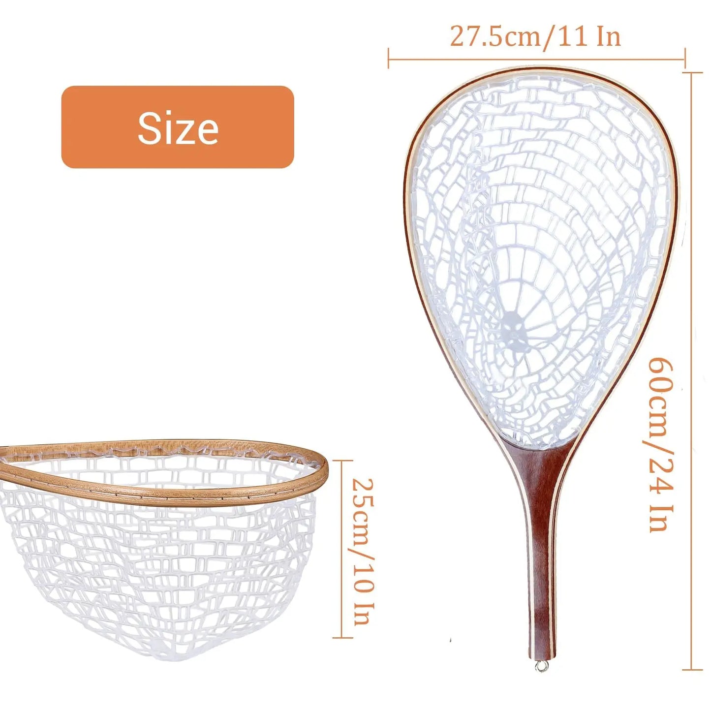 Wooden Frame Fly Fishing Landing Net with Soft Knotless Rubber Mesh, Fish Friendly Catch and Release Net for Trout Bass, Lightweight Wading Tool with Magnetic Release for Angler Gift