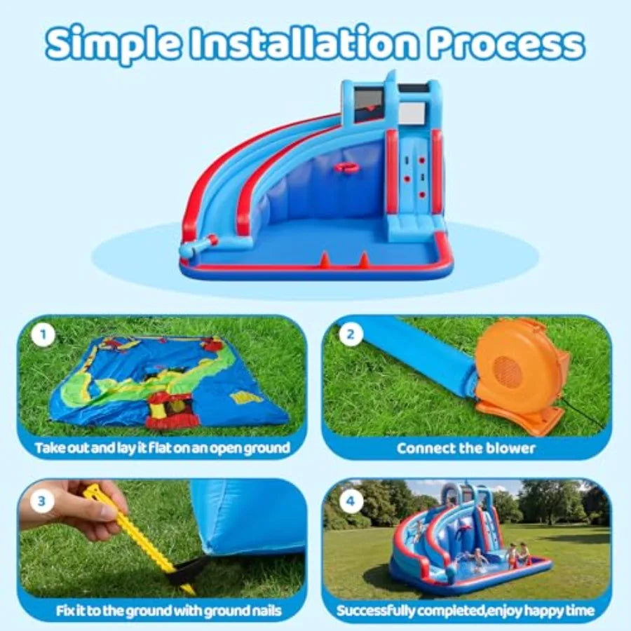 Backyard inflatable water slide for kids with 450W blower, PVC material, blue and yellow, splash-and-bounce dual-function desig