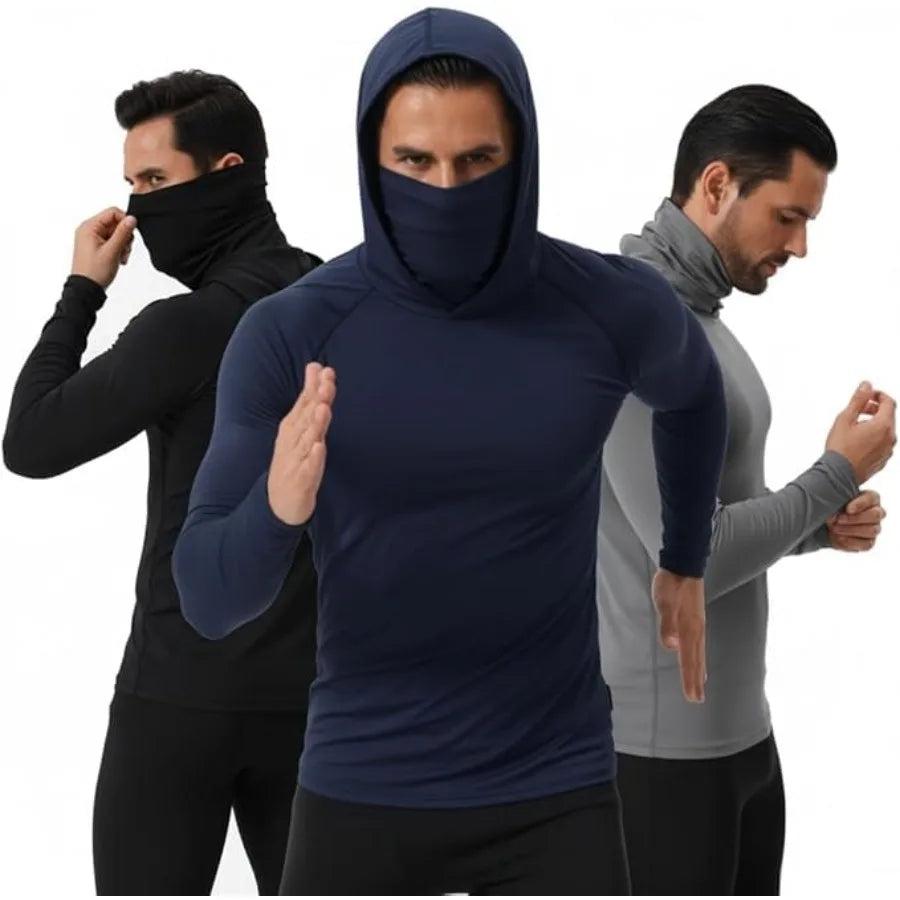 3 Pack Men's Hooded Long Sleeve Shirt with Face Mask Sun Protection Stretch Workout Shirt for Running Cycling Fishing