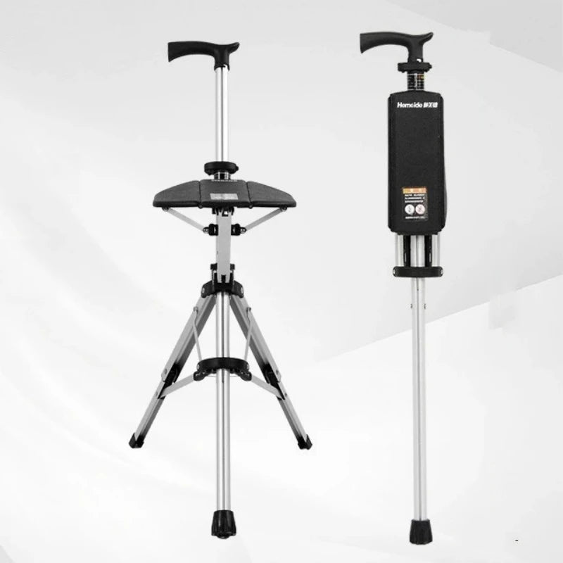 A 2-in-1 portable folding cane and chair combination that can be quickly folded and unfolded, equipped with a seat and three leg