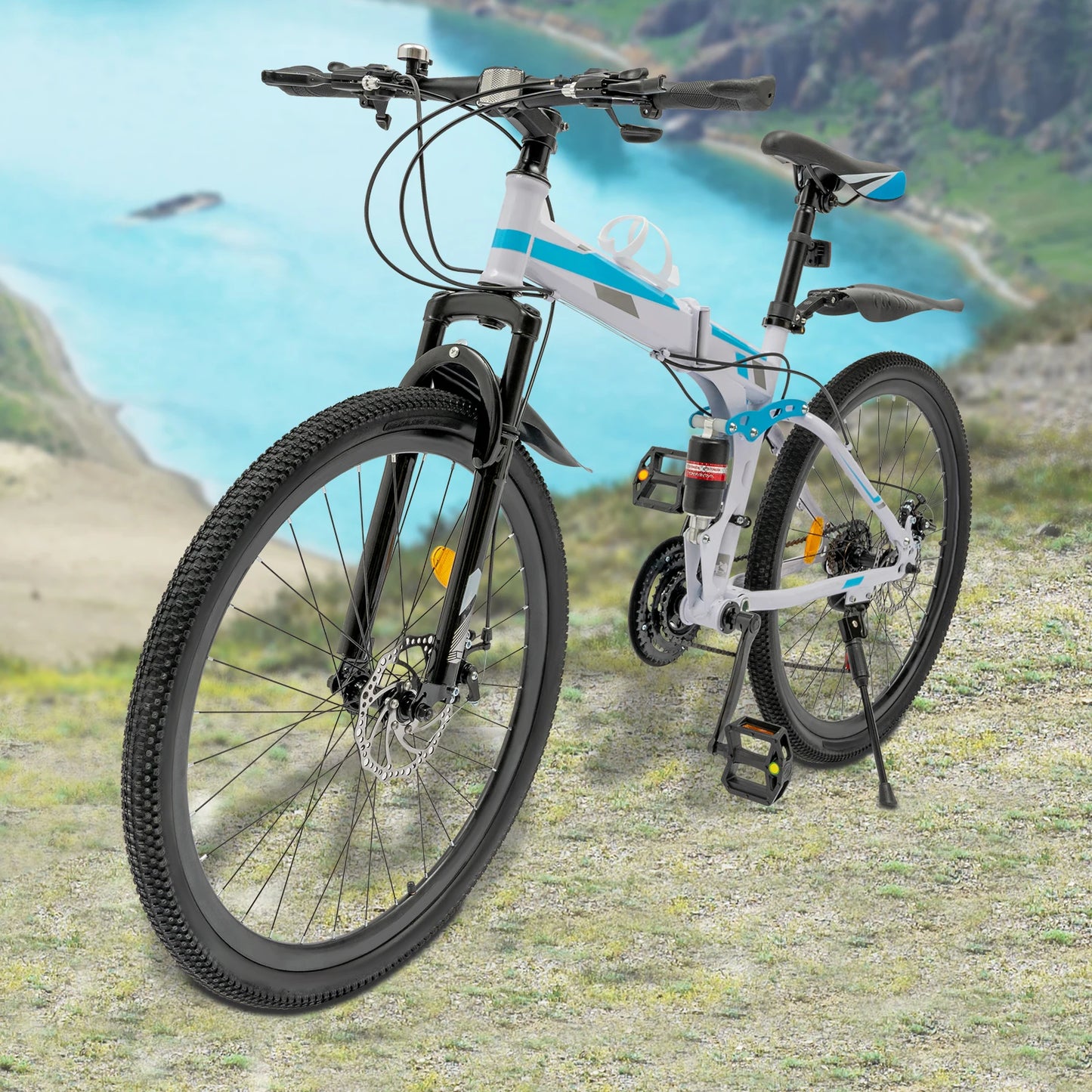 26 Inch Folding Mountain Bike 21-Speed High-carbon Steel MTB with Dual Disc Brake System Adult Mountain Bicycle Height Adjustable for Men Women,