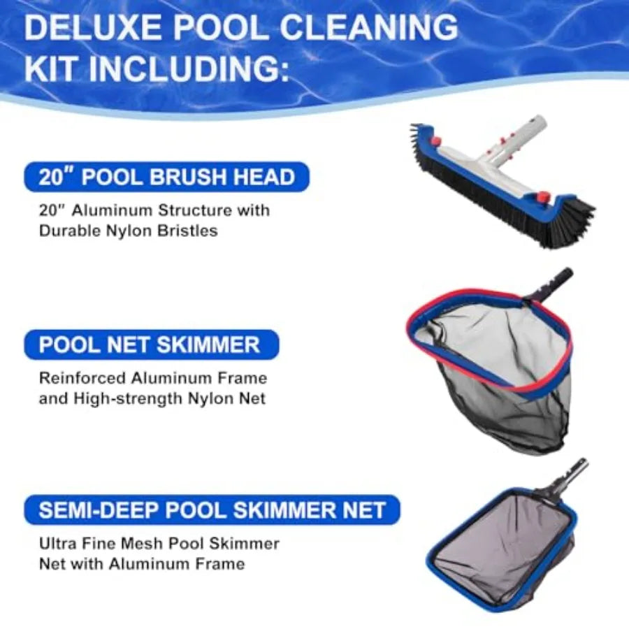 Deluxe Swimming Pool Cleaning Kit Including 20'' Pool Brush Head and Heavy Duty Pool Nets for Cleaning, 17.5''Pool Net Skimmer
