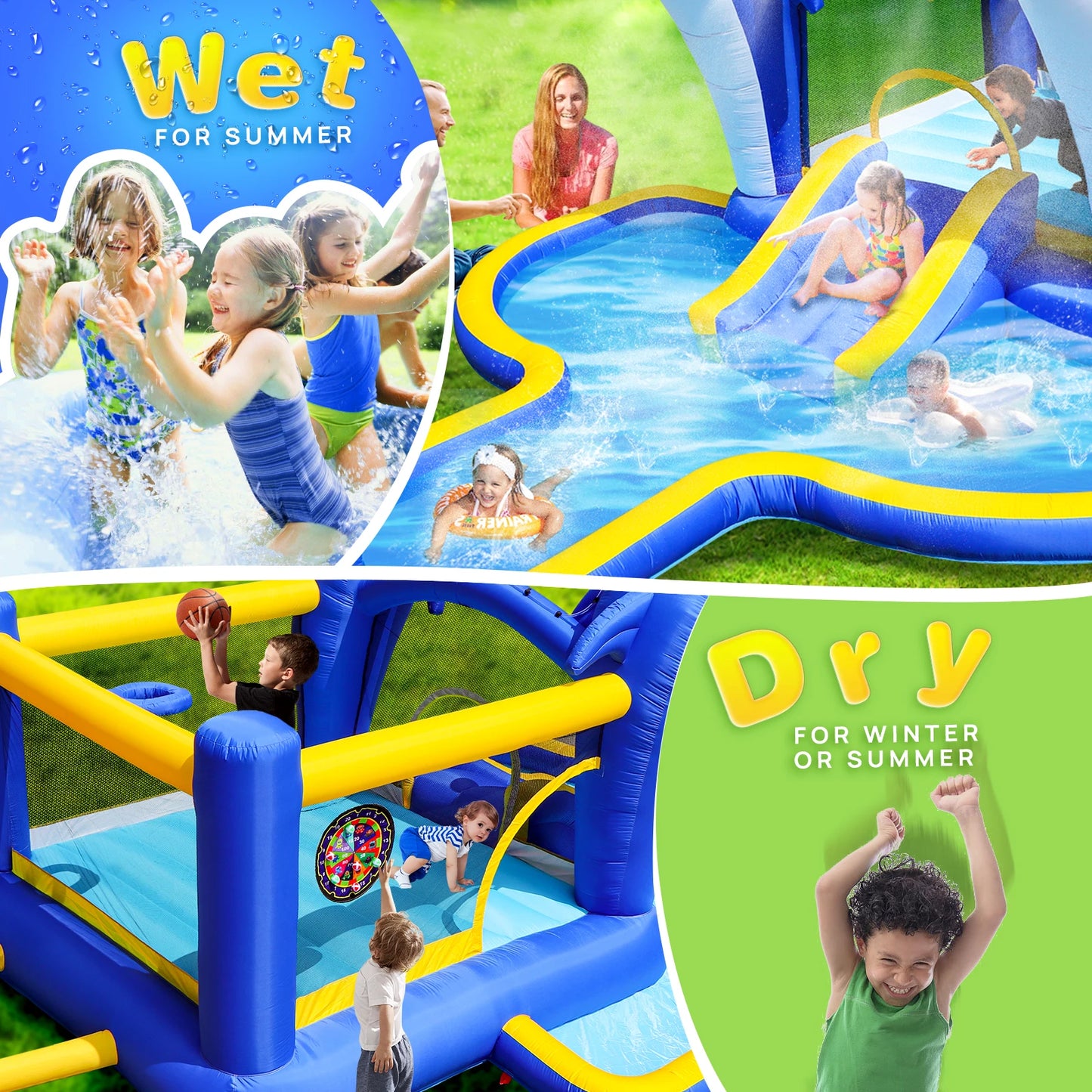 Dolphin 8-in-1 Inflatable Water Slide Park, Wet & Dry Bounce House with Splash Pool, Water Cannon, Basketball Hoop, Sprinkler, Safe Mesh Wall, Complete Set with Air Blower, Outdoor Backyard Blow Up Water Play Center for Kids