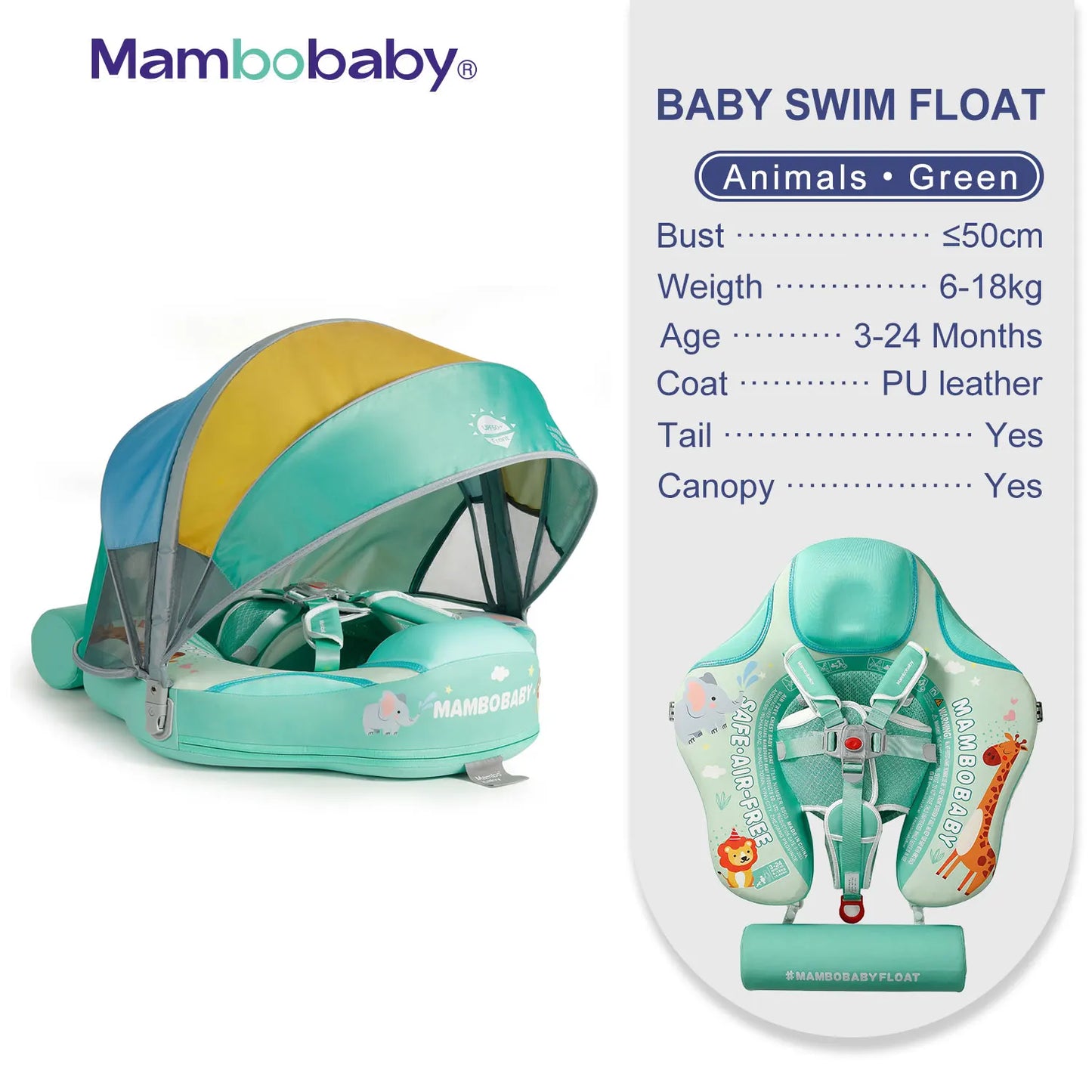 Mambobaby Animal Float Non-Inflatable Safe Solid Core Baby Swimming Buoy Water Trainer Infant Pool Floator Swim Ring with Canopy