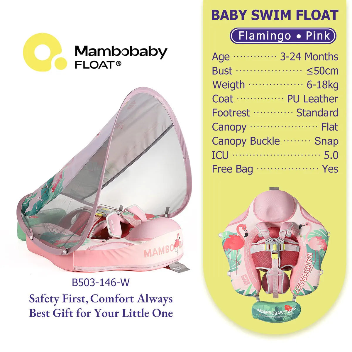 Mambobaby Gentle Skin-Safe Flamingo Air-Free Chest Float with Flat Canopy B503-143-W-Z Baby Swimming Ring Infant Water Circle
