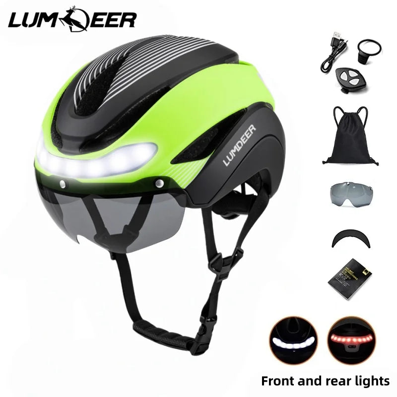 LUMDEER Road Bicycle Turn Signal Helmet With Magnetic Googles & Sun Visor  Ride Racing Ultralight Adult Road Bike Front And Rear
