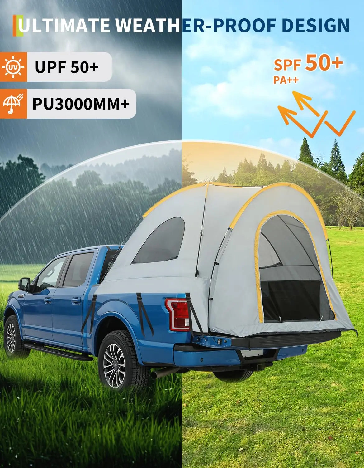 Waterproof Double Layer Pickup Truck Bed Tent with Awning – Portable Camping Shelter for 2–3 Persons, Fits 5–8.2 ft Beds – Compatible with Chevrolet Silverado 1500, F150, Ram 1500, Toyota Tundra, GMC Sierra 1500, 2500