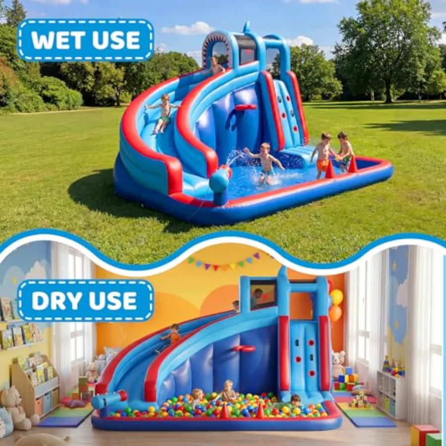 Backyard inflatable water slide for kids with 450W blower, PVC material, blue and yellow, splash-and-bounce dual-function desig