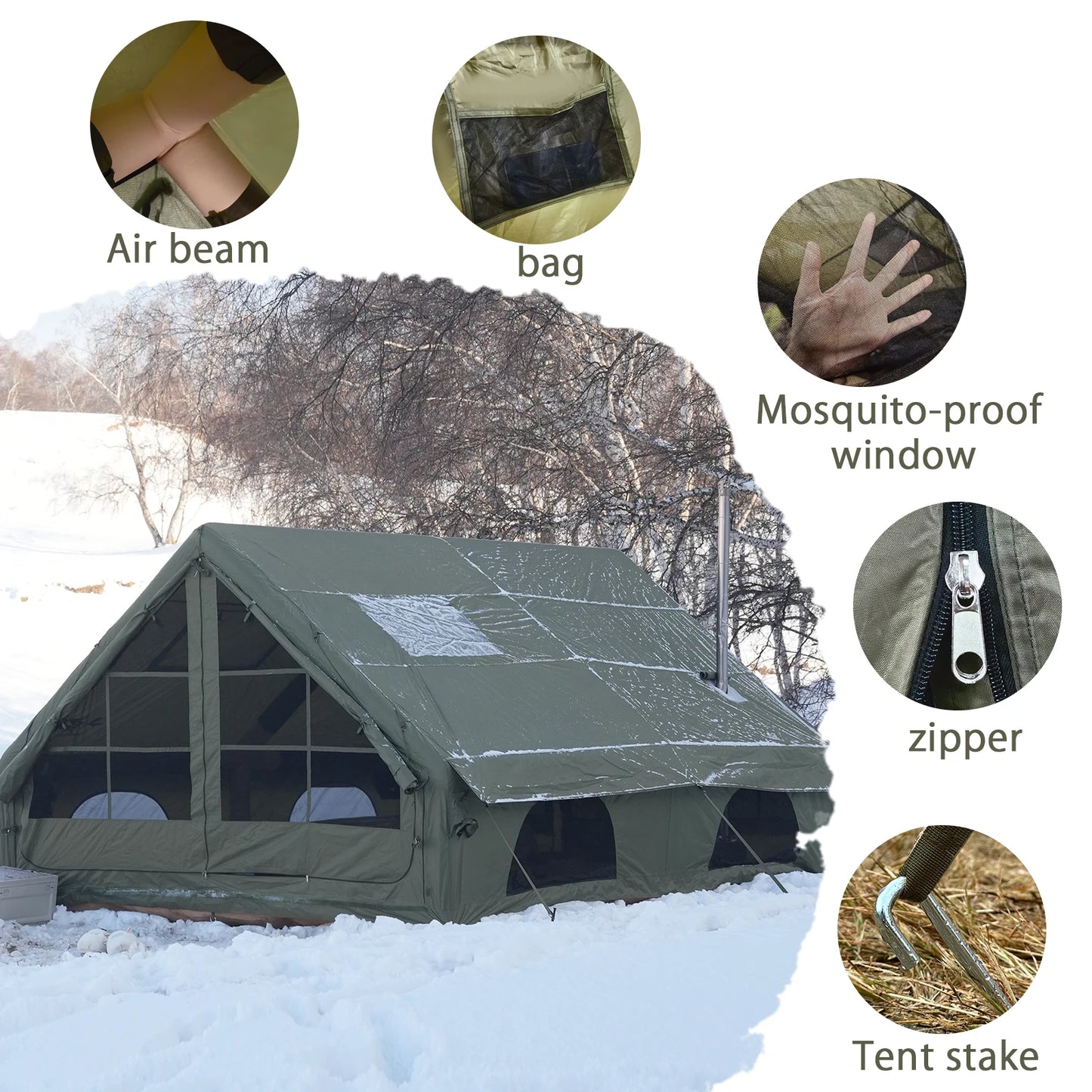 PAKICETUS Large Luxury Inflatable Glamping Tent with Manual Hand Pump, Easy Setup 4 Season Anti-Snow Spacious Family Shelter, Weatherproof Air Tent for Outdoor Camping, Backyard Party & Wilderness Adventure