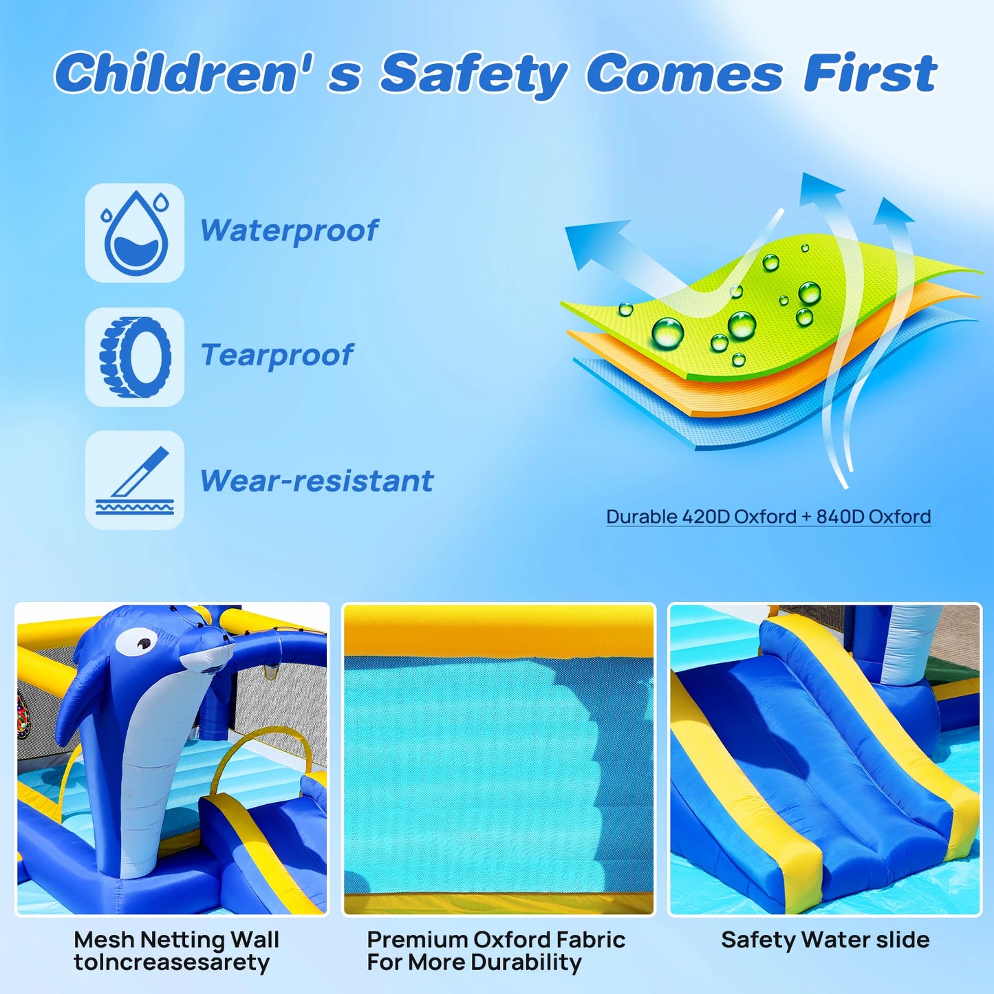 Dolphin 8-in-1 Inflatable Water Slide Park, Wet & Dry Bounce House with Splash Pool, Water Cannon, Basketball Hoop, Sprinkler, Safe Mesh Wall, Complete Set with Air Blower, Outdoor Backyard Blow Up Water Play Center for Kids