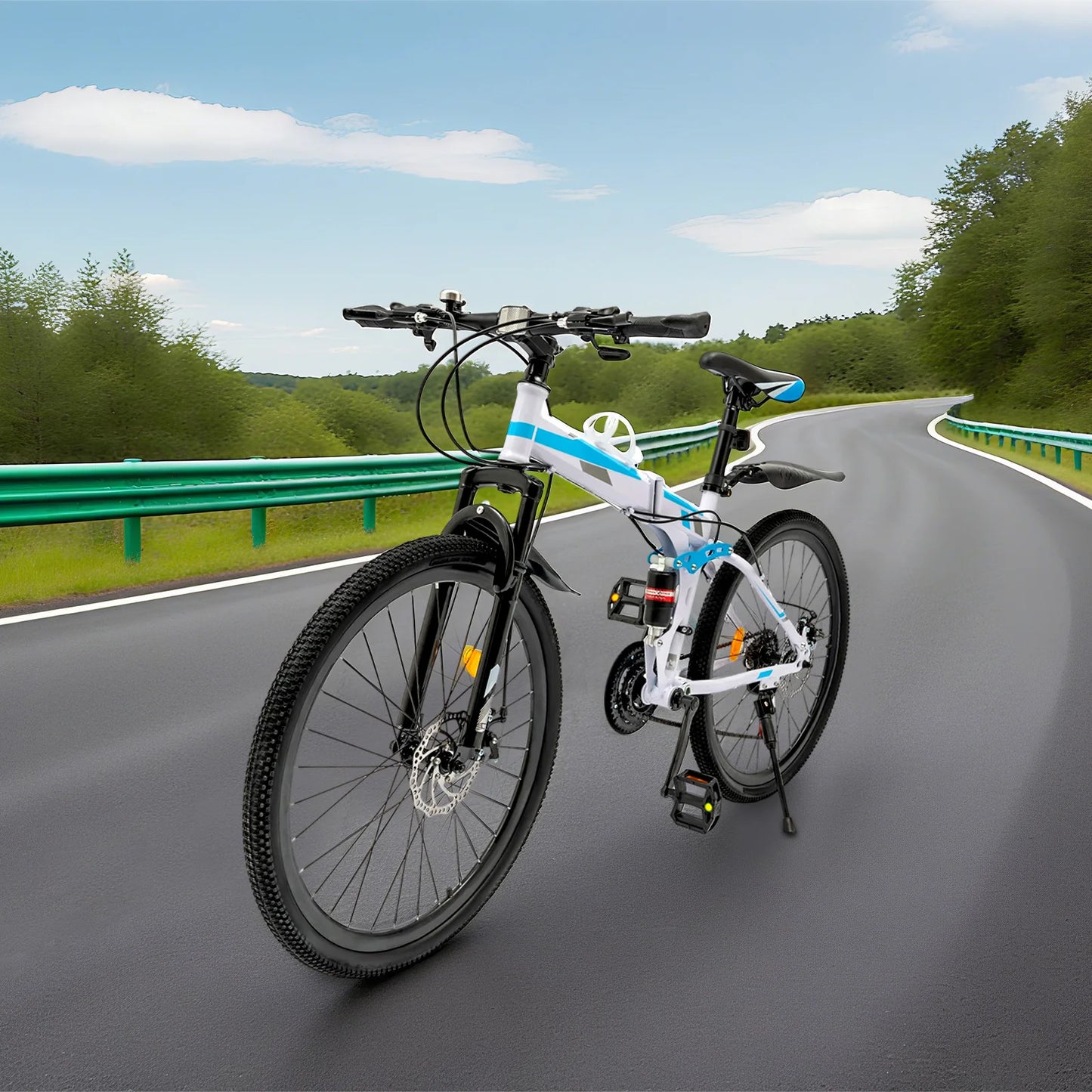 26 Inch Folding Mountain Bike 21-Speed High-carbon Steel MTB with Dual Disc Brake System Adult Mountain Bicycle Height Adjustable for Men Women,