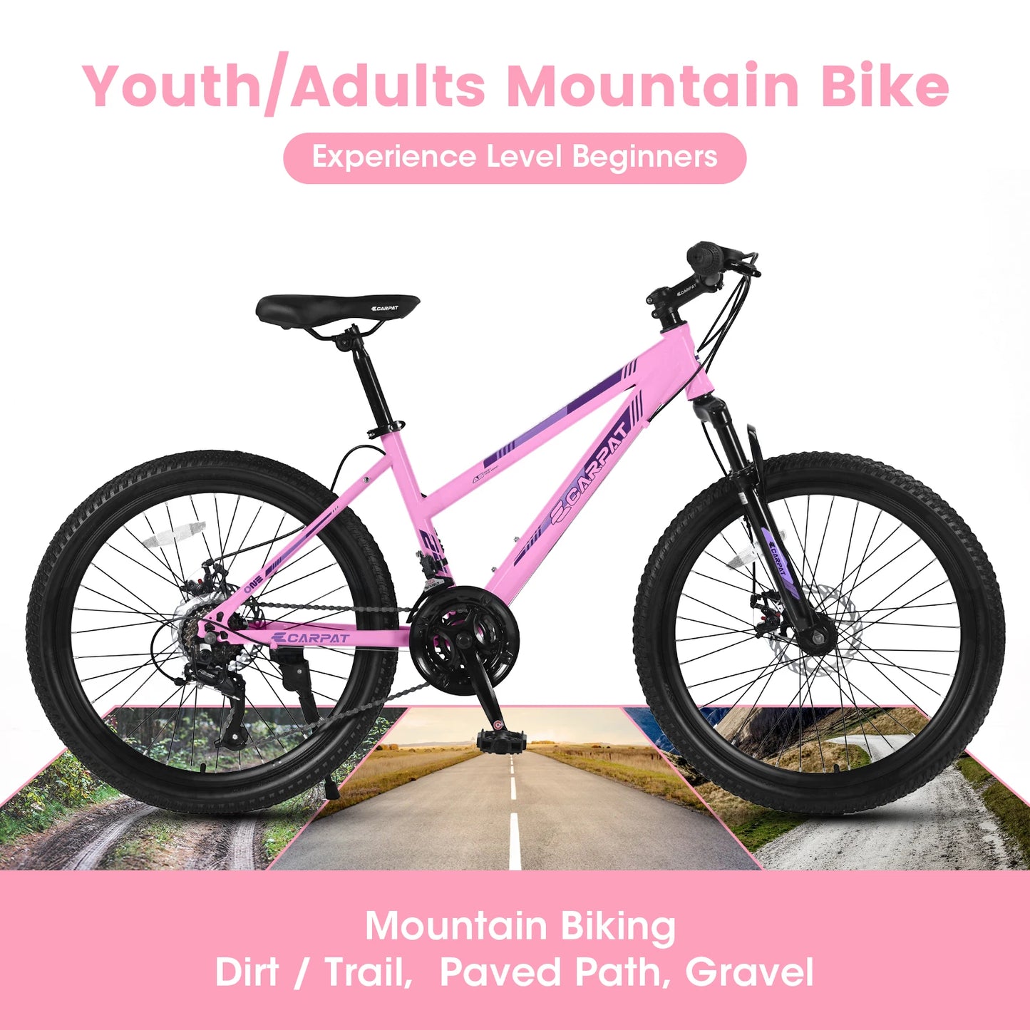 Ecarpat Mountain Bike 24 26 Inch Wheels, 21-Speed Disc Brake, Female Bicycles, 15" Steel Frame Front Fork Suspension