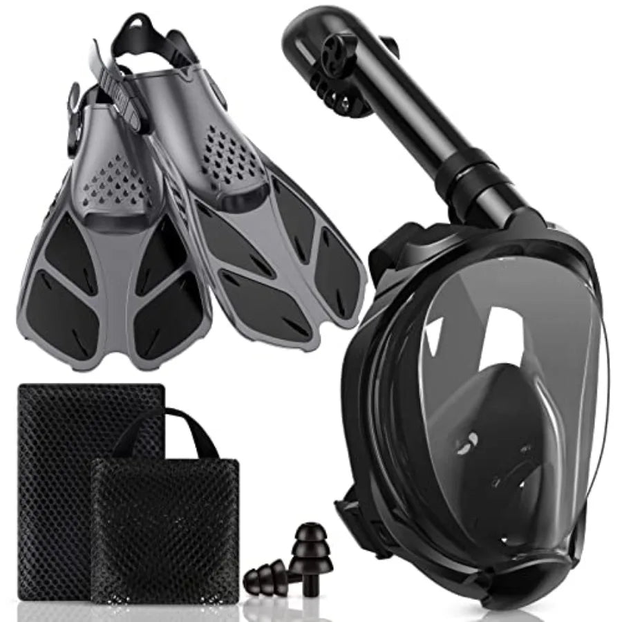 Mask Fins Snorkeling Gear for Adults, Full Face Snorkel Mask and Adjustable Swim Fins Snorkel Set, Panoramic View Snorkel Mask