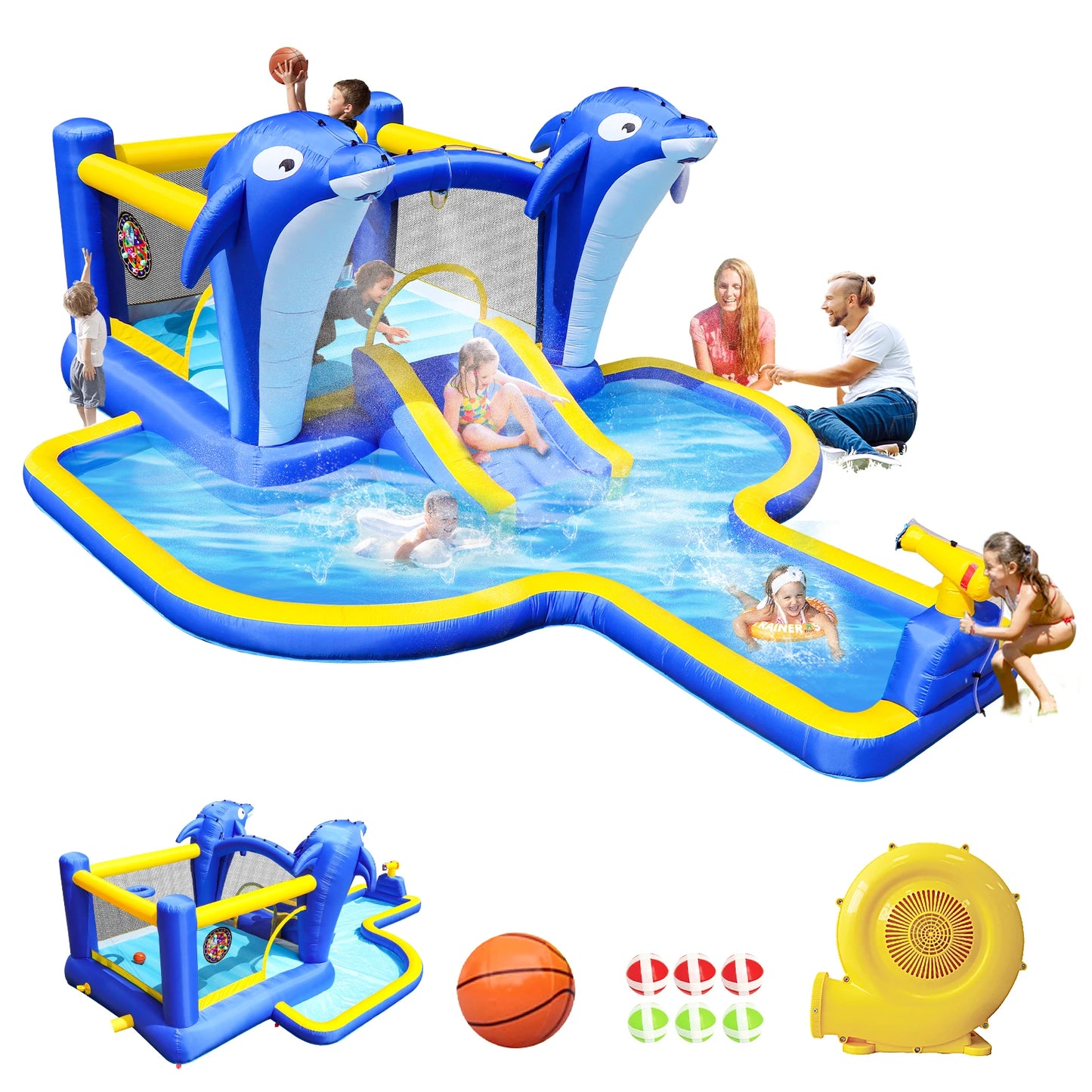 Dolphin 8-in-1 Inflatable Water Slide Park, Wet & Dry Bounce House with Splash Pool, Water Cannon, Basketball Hoop, Sprinkler, Safe Mesh Wall, Complete Set with Air Blower, Outdoor Backyard Blow Up Water Play Center for Kids