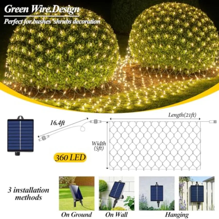 360 LED Christmas Net Lights Solar AND USB Powered, Waterproof Mesh String Lights 8 Modes Green, 21Feet x 5 Feet