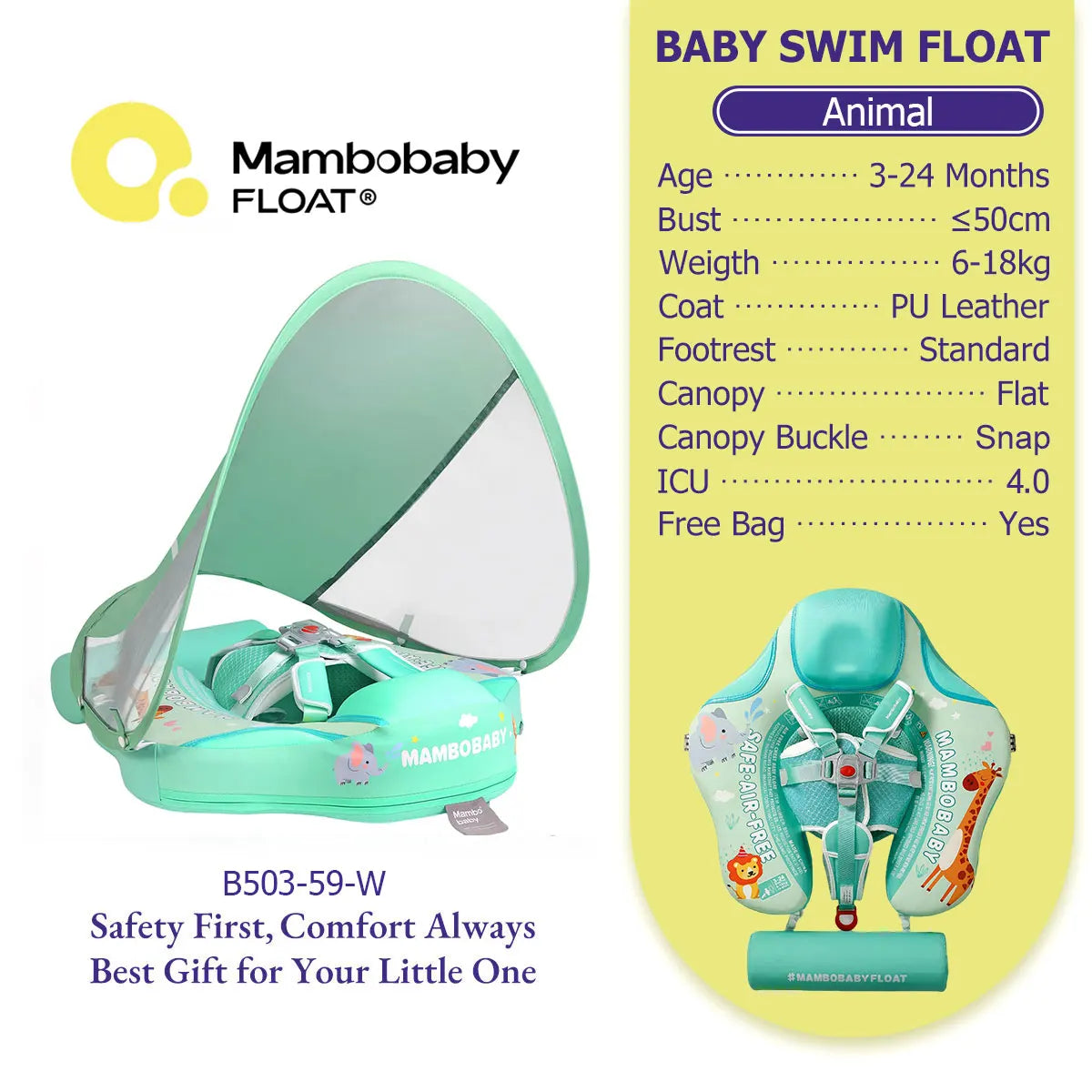 Mambobaby Gentle Skin-Safe Flamingo Air-Free Chest Float with Flat Canopy B503-143-W-Z Baby Swimming Ring Infant Water Circle