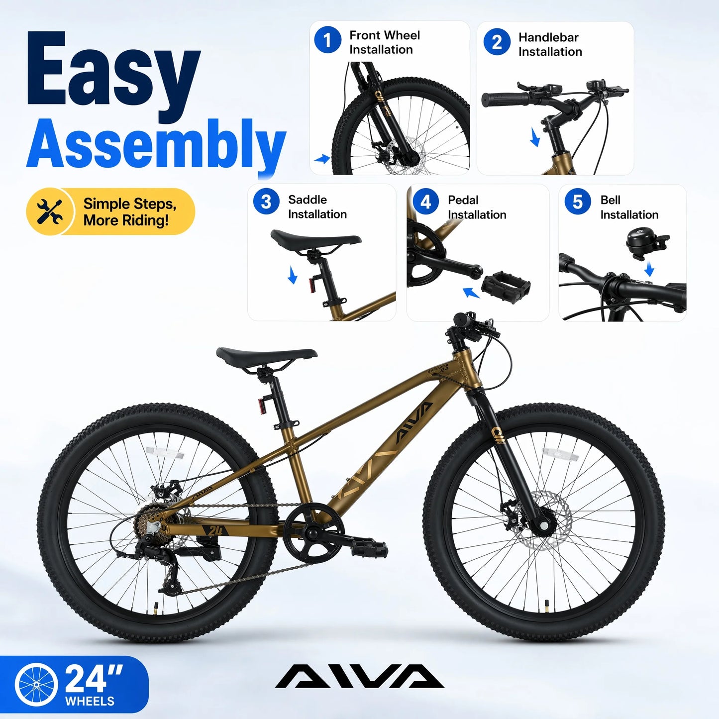AIVA EXPLOPER24 Hardtail MTB, 7 Speed Mountain Bike, Bicycle for Teenagers and Adults, 24 Inch Wide Tires, Lightweight Aluminum Frame, Front & Rear Disc Brakes