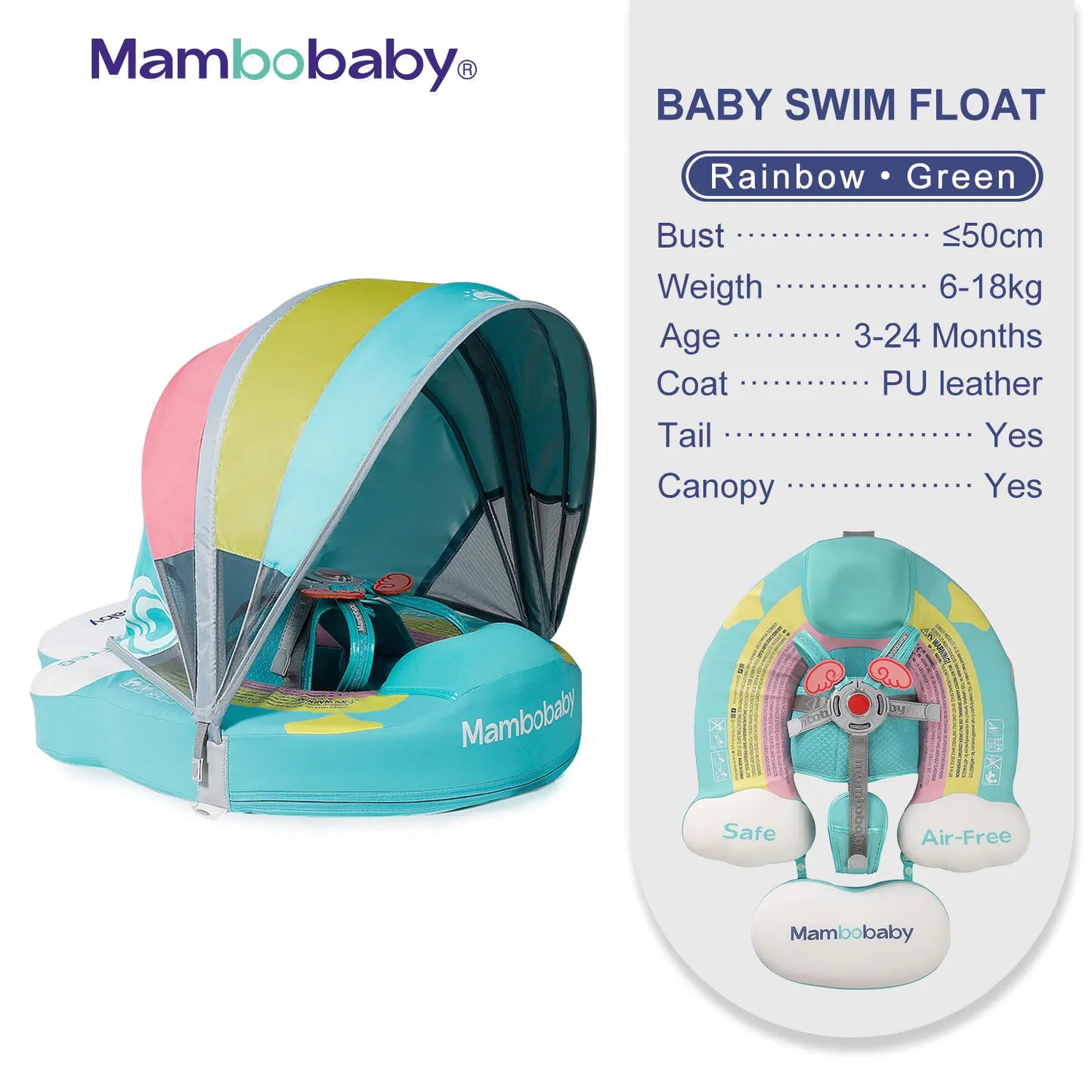 Mambobaby Animal Float Non-Inflatable Safe Solid Core Baby Swimming Buoy Water Trainer Infant Pool Floator Swim Ring with Canopy