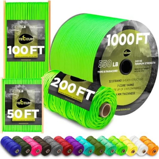 Paracord Type III 550 Neon Green 50 ft 4mm Tactical Rope MIL-SPEC Outdoor para Cord Camping Hiking Fishing Gear and Equipment E