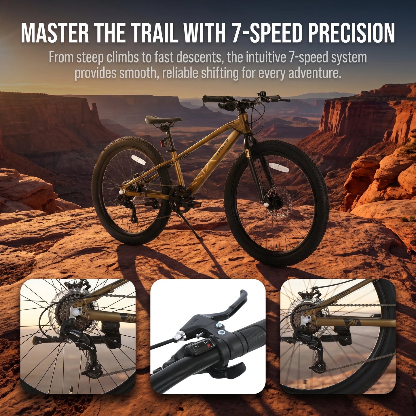 AIVA EXPLOPER24 Hardtail MTB, 7 Speed Mountain Bike, Bicycle for Teenagers and Adults, 24 Inch Wide Tires, Lightweight Aluminum Frame, Front & Rear Disc Brakes