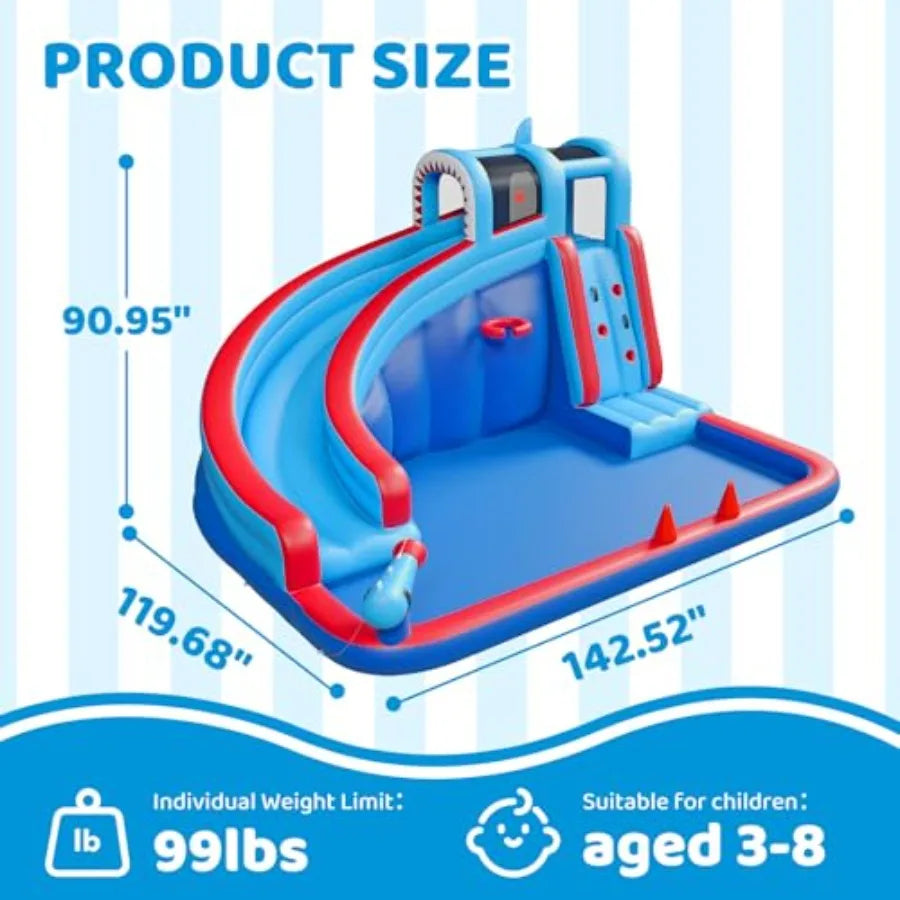 Backyard inflatable water slide for kids with 450W blower, PVC material, blue and yellow, splash-and-bounce dual-function desig