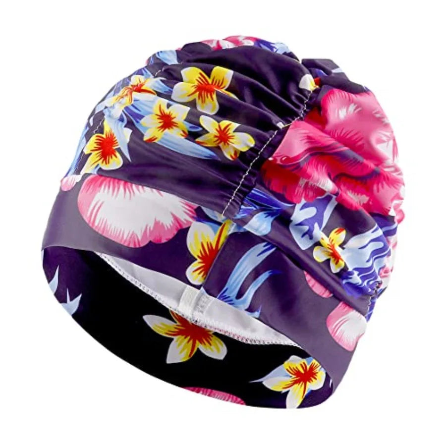 Swim Caps for Women Swimming, 1 Pcs Fabric Nylon Cloth Swim Cap, Comfort Pleated Swimming Cap for Long Hair, Not Waterproof Ela