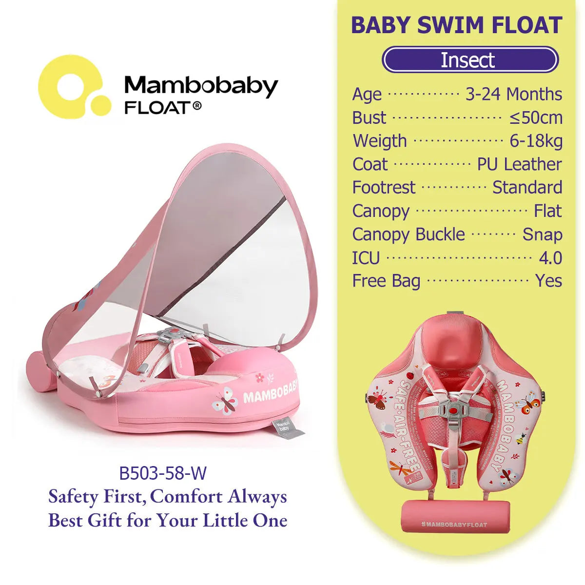 Mambobaby Gentle Skin-Safe Flamingo Air-Free Chest Float with Flat Canopy B503-143-W-Z Baby Swimming Ring Infant Water Circle