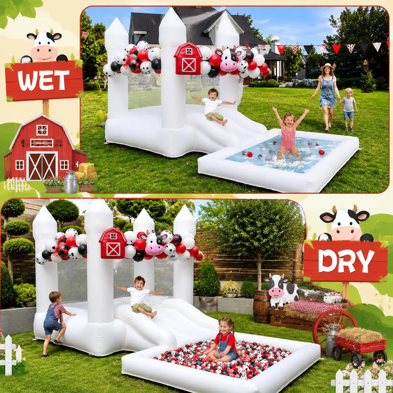12FT Oxford Inflatable White Bounce House with Slide And Ball Pit Easy Setup Bouncy Castle for Kids Indoor Outdoor Parties Birthday Fun