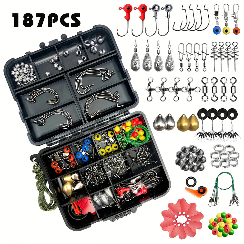 187pcs Ultimate Fishing Kit Set - Complete Tackle Box with Premium Fish Hooks, Bait Parts, Sinkers, and More