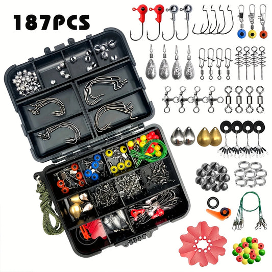 187pcs Ultimate Fishing Kit Set - Complete Tackle Box with Premium Fish Hooks, Bait Parts, Sinkers, and More
