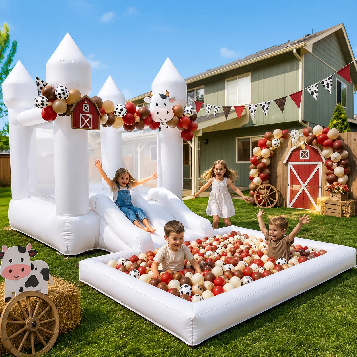 12FT Oxford Inflatable White Bounce House with Slide And Ball Pit Easy Setup Bouncy Castle for Kids Indoor Outdoor Parties Birthday Fun