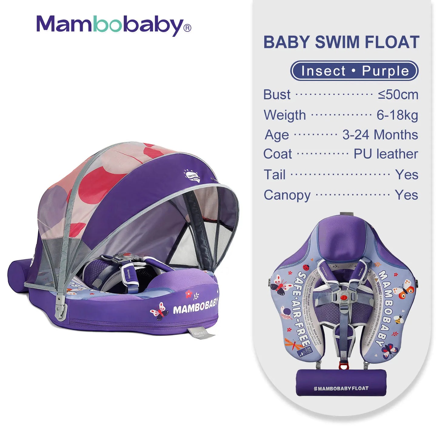 Mambobaby Animal Float Non-Inflatable Safe Solid Core Baby Swimming Buoy Water Trainer Infant Pool Floator Swim Ring with Canopy