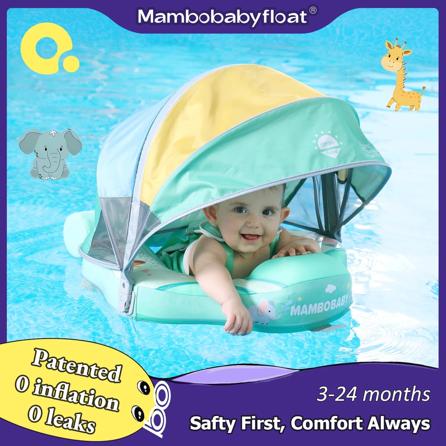 Mambobaby Animal Float Non-Inflatable Safe Solid Core Baby Swimming Buoy Water Trainer Infant Pool Floator Swim Ring with Canopy