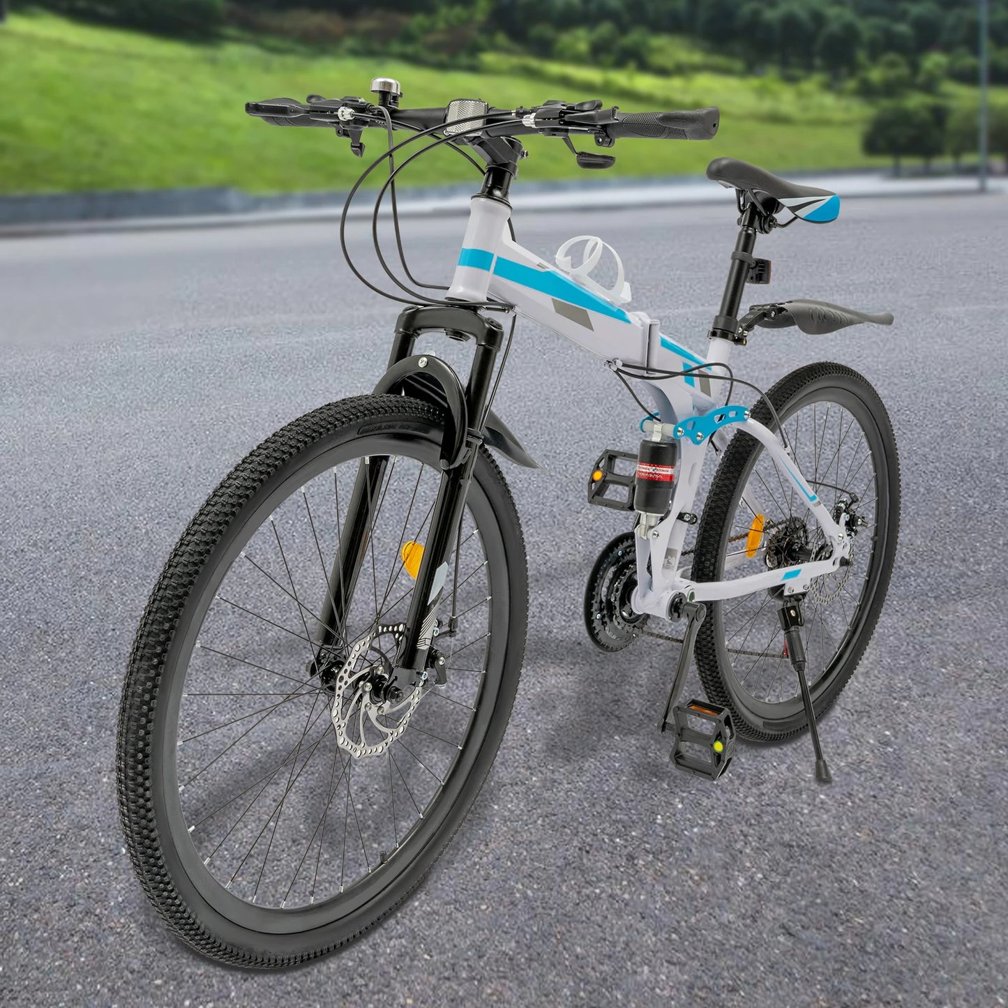 26 Inch Folding Mountain Bike 21-Speed High-carbon Steel MTB with Dual Disc Brake System Adult Mountain Bicycle Height Adjustable for Men Women,