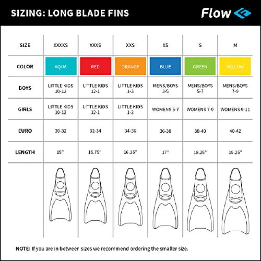 Flow Premium Rubber Long Fins for Swim and Lap Training - Youth Sizes for,Young Men, and Women