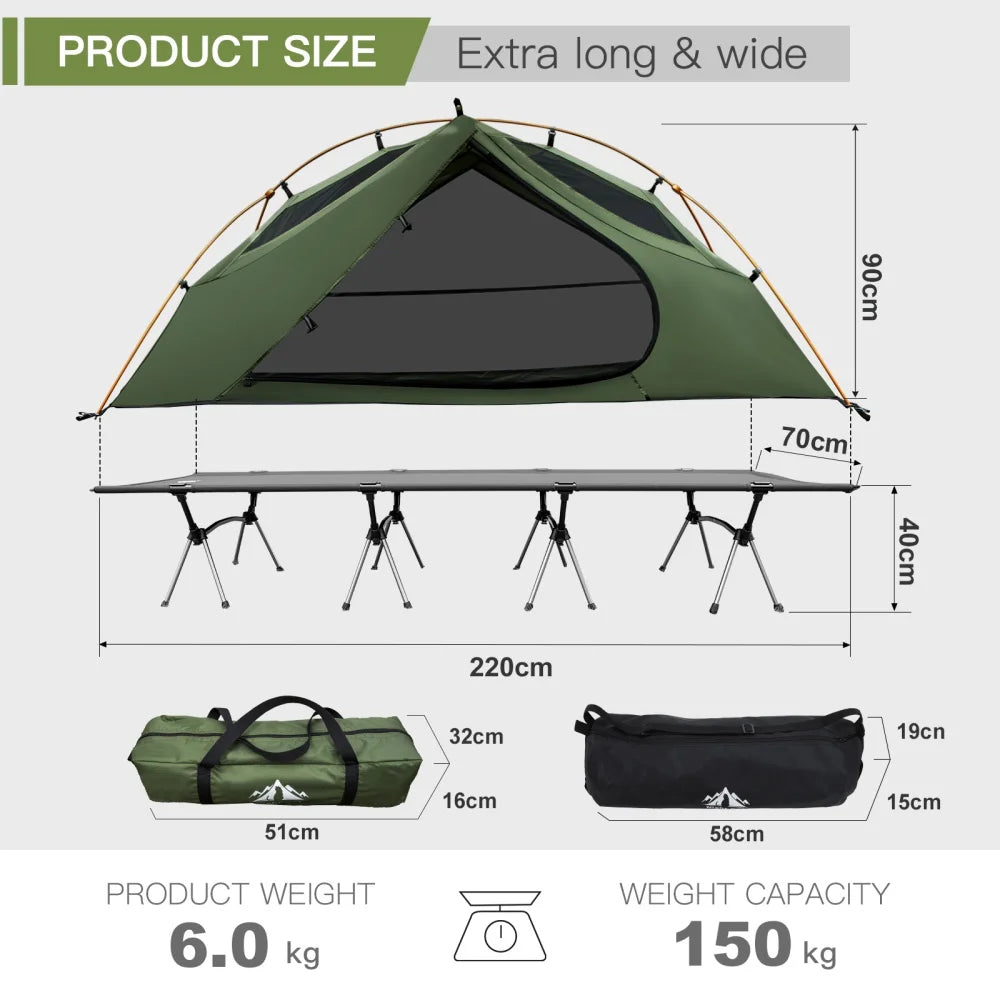 Elevated Camping Cot Tent with 16 Legs Heavy Duty Off-Ground Tent for 1 Person Rainfly Quick Setup for Fishing Hunting & Beach