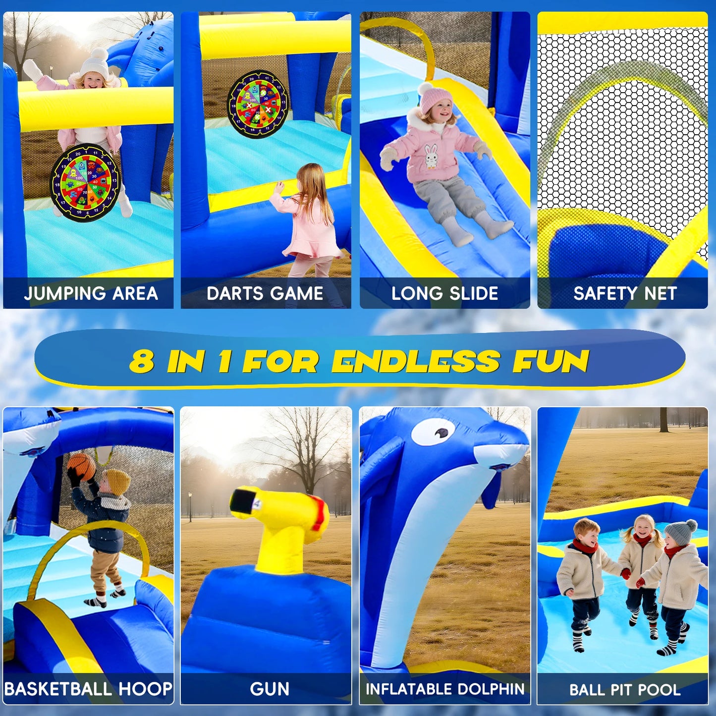 Dolphin 8-in-1 Inflatable Water Slide Park, Wet & Dry Bounce House with Splash Pool, Water Cannon, Basketball Hoop, Sprinkler, Safe Mesh Wall, Complete Set with Air Blower, Outdoor Backyard Blow Up Water Play Center for Kids