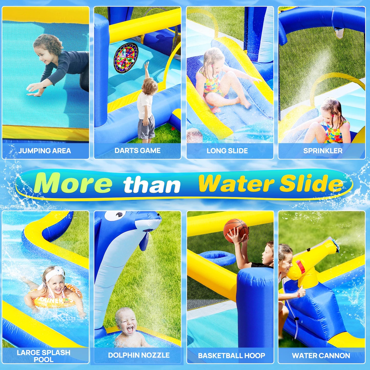 Dolphin 8-in-1 Inflatable Water Slide Park, Wet & Dry Bounce House with Splash Pool, Water Cannon, Basketball Hoop, Sprinkler, Safe Mesh Wall, Complete Set with Air Blower, Outdoor Backyard Blow Up Water Play Center for Kids