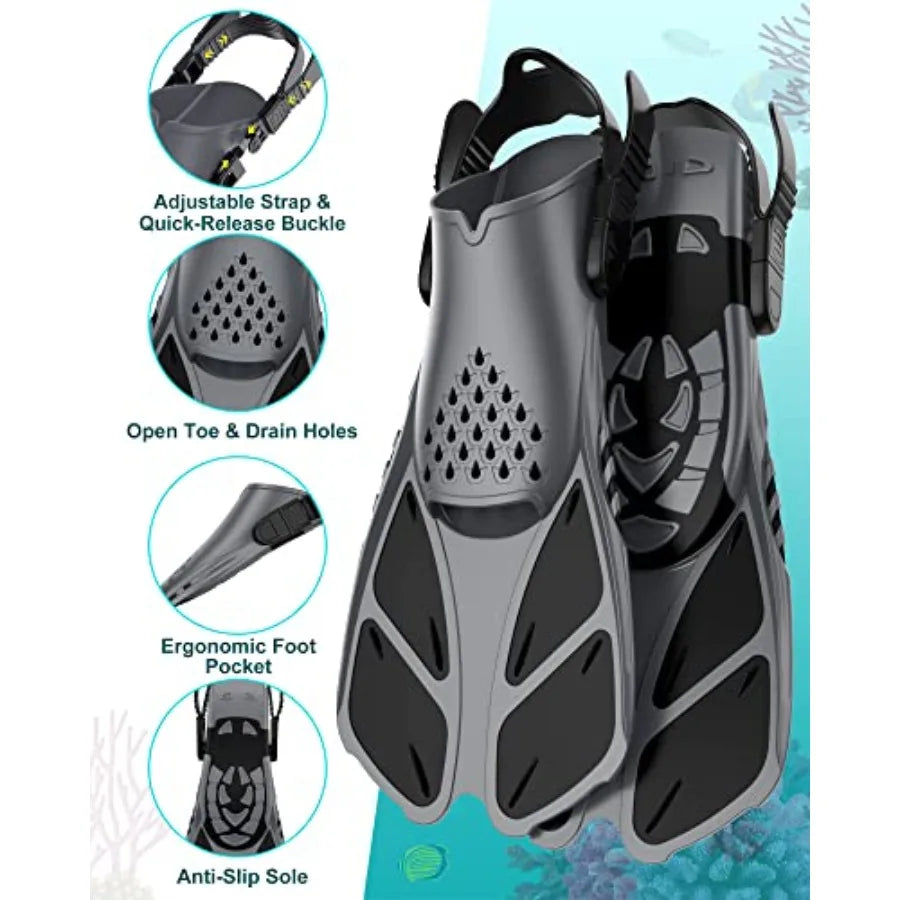 Mask Fins Snorkeling Gear for Adults, Full Face Snorkel Mask and Adjustable Swim Fins Snorkel Set, Panoramic View Snorkel Mask