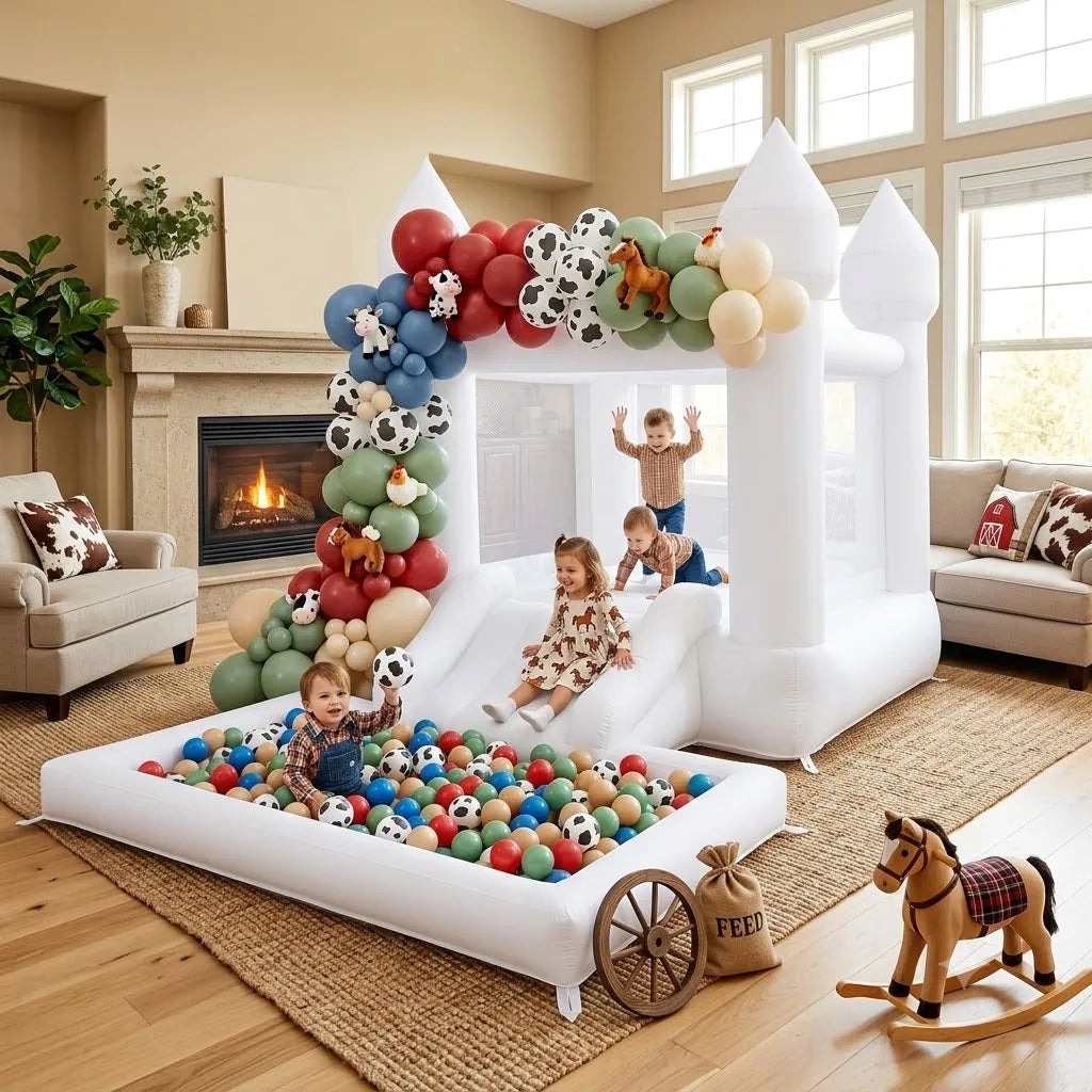 12FT Oxford Inflatable White Bounce House with Slide And Ball Pit Easy Setup Bouncy Castle for Kids Indoor Outdoor Parties Birthday Fun