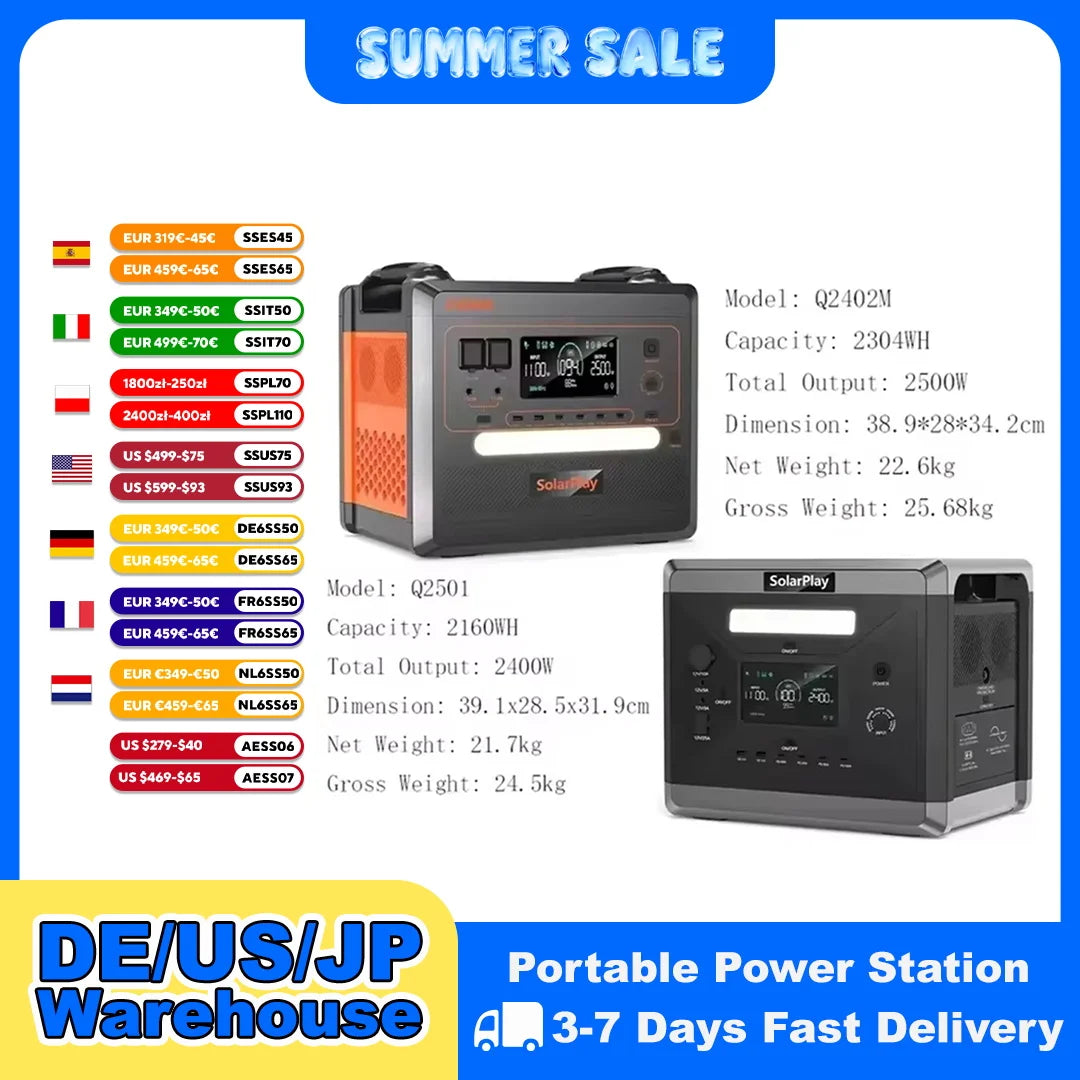 SOLARPLAY Q2501 Q2402M Portable Power Station 2160WH 2304WH LiFePO4 Battery with 2400W/2500W (4800W Peak) Solar Generator