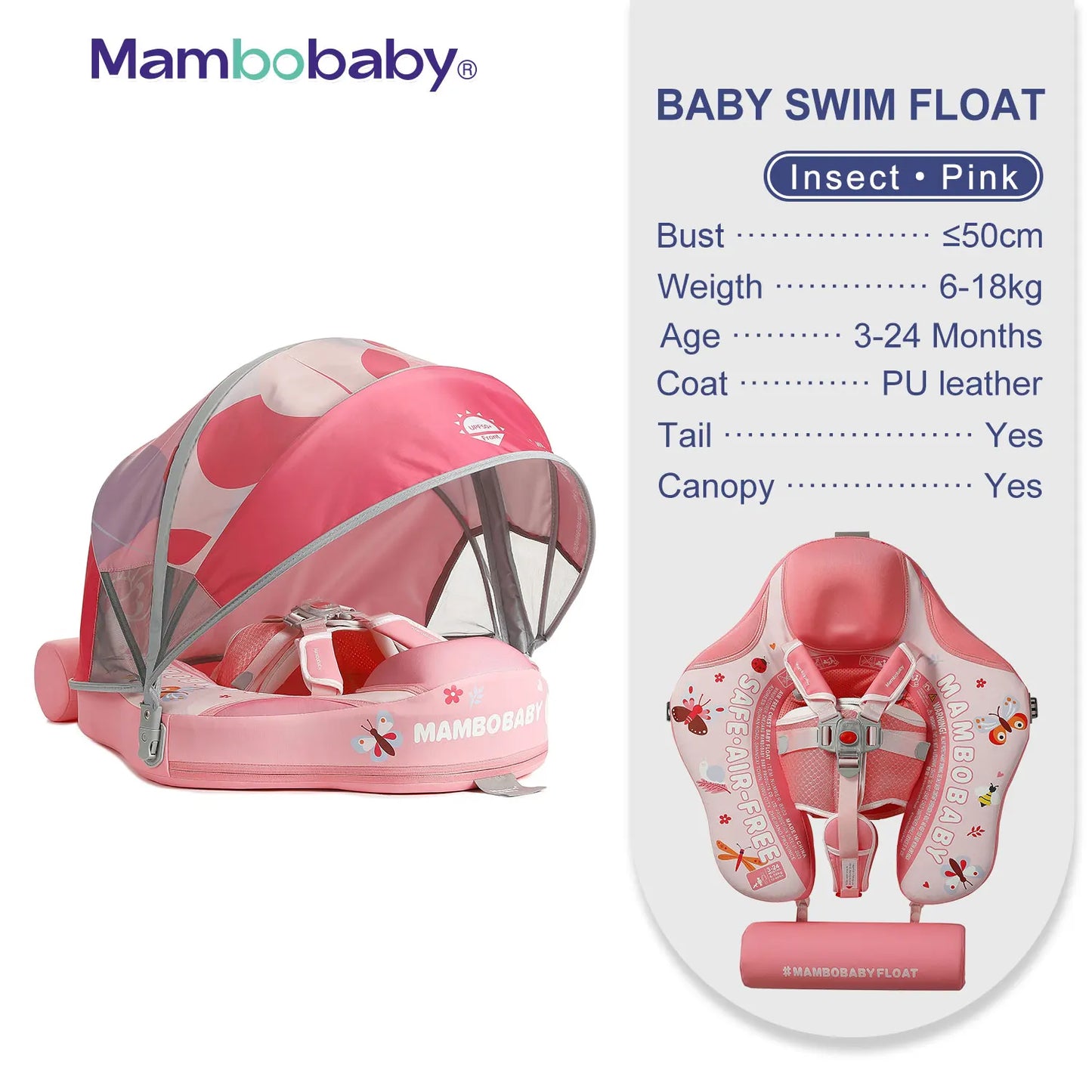 Mambobaby Animal Float Non-Inflatable Safe Solid Core Baby Swimming Buoy Water Trainer Infant Pool Floator Swim Ring with Canopy