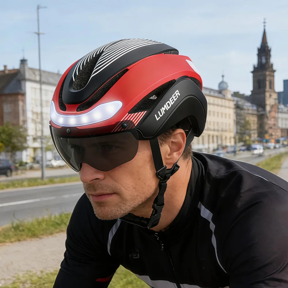 LUMDEER Road Bicycle Turn Signal Helmet With Magnetic Googles & Sun Visor  Ride Racing Ultralight Adult Road Bike Front And Rear