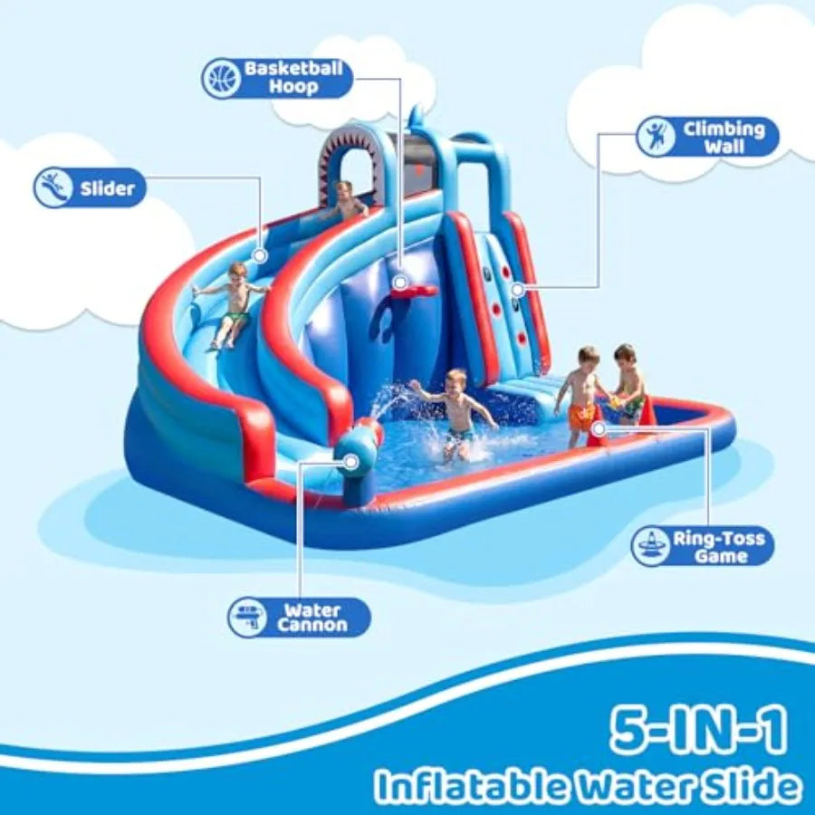 Backyard inflatable water slide for kids with 450W blower, PVC material, blue and yellow, splash-and-bounce dual-function desig