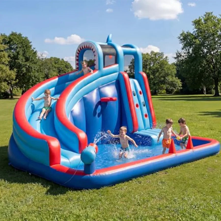 Backyard inflatable water slide for kids with 450W blower, PVC material, blue and yellow, splash-and-bounce dual-function desig